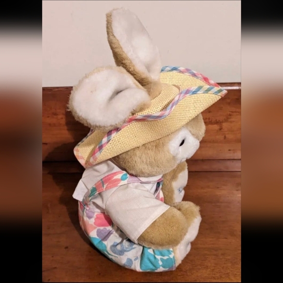 HAPPY EASTER Tan Bunny Rabbit Wearing Overalls & Straw Hat Plush Toy - Picture 5 of 7